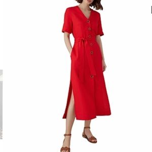 Karen Millen Buttoned-front linen-blend red dress